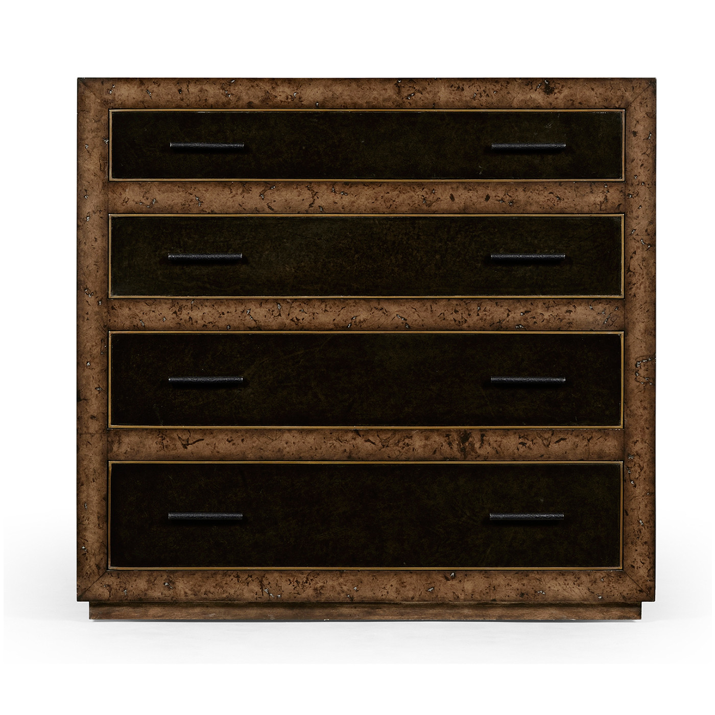 Rustic burl oak and leather chest of four drawers