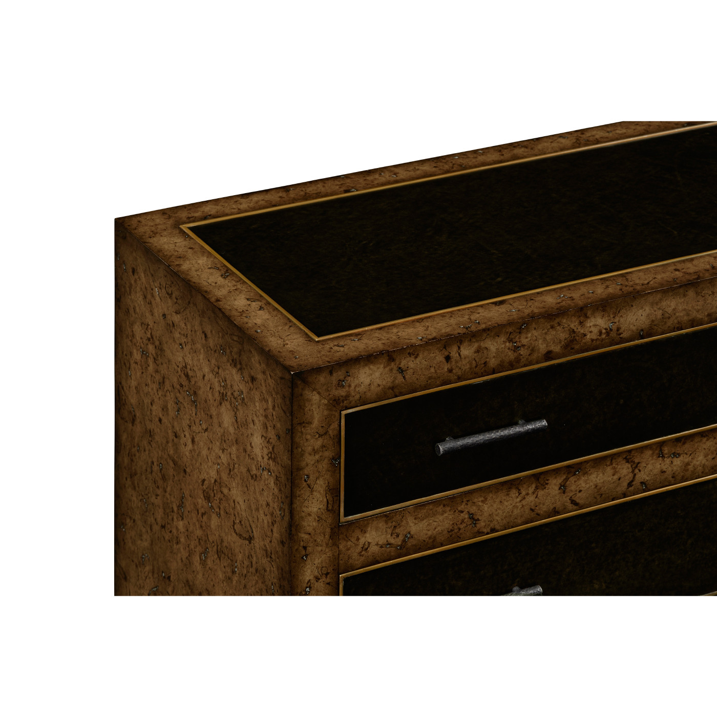 Rustic burl oak and leather chest of four drawers