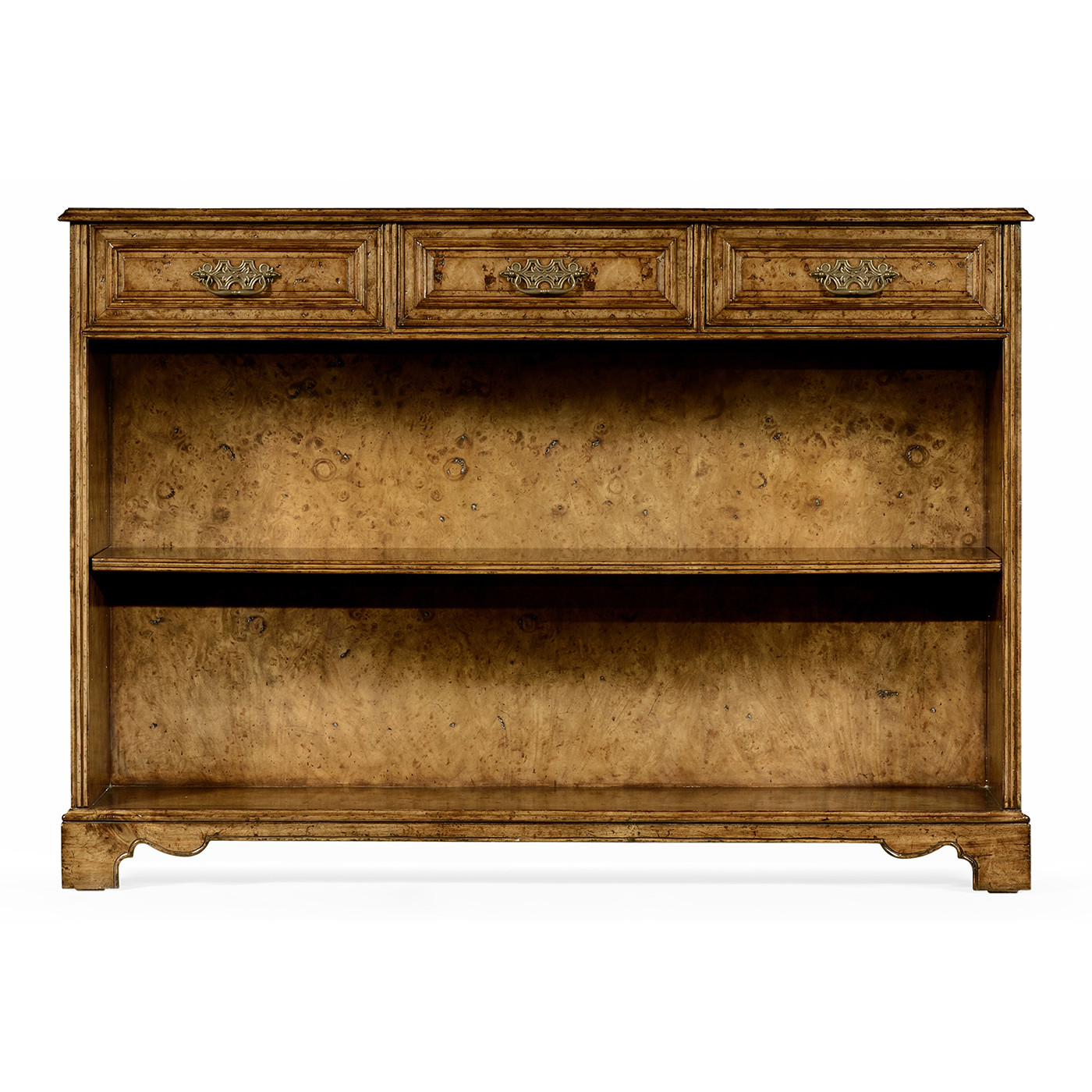 George II style burl oak bookcase with drawers
