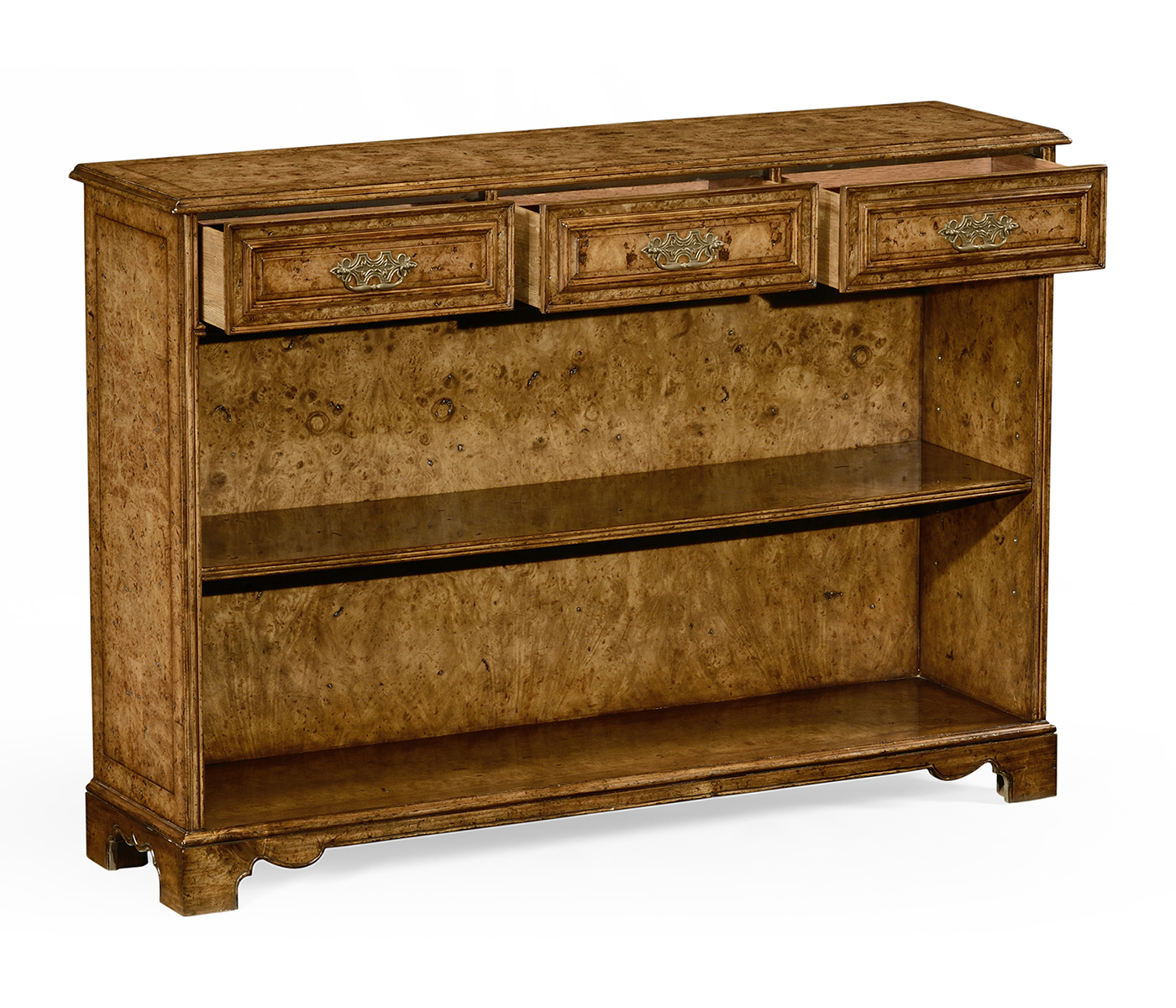 George II style burl oak bookcase with drawers
