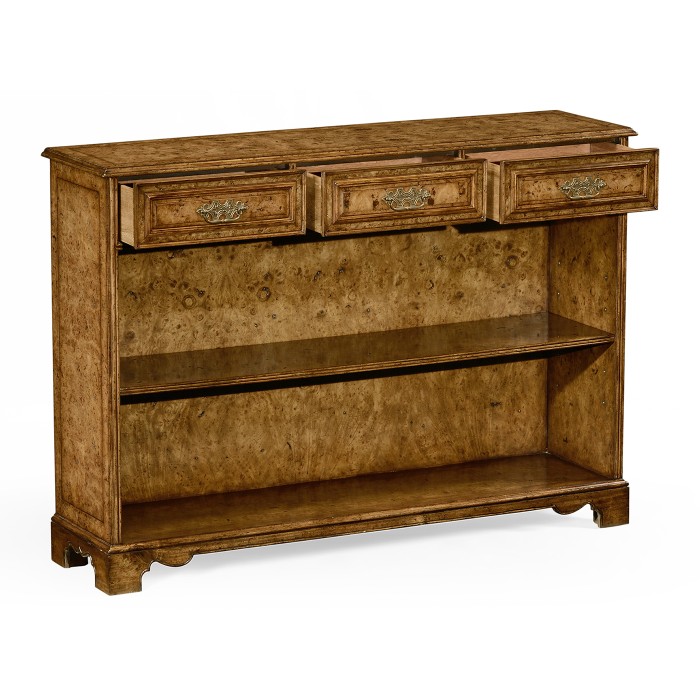 George II style burl oak bookcase with drawers