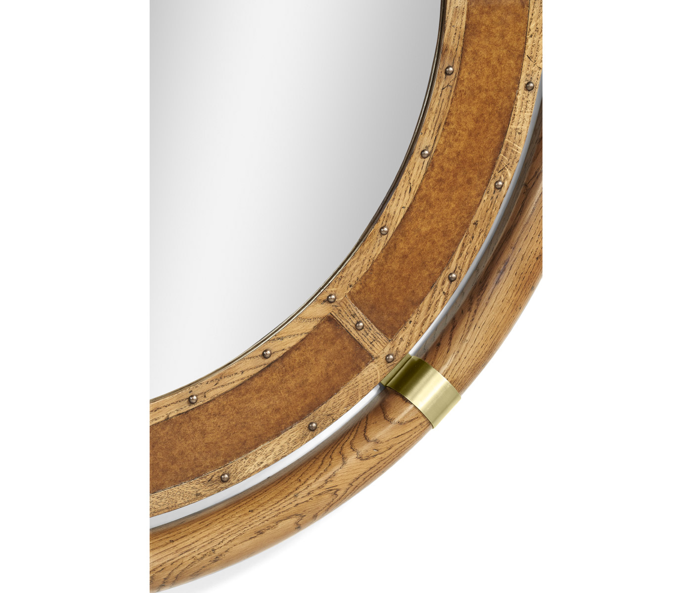 Circular Nautical Style Oak and Leather Mirror