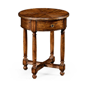 Walnut parquet round side table with contrast inlay
