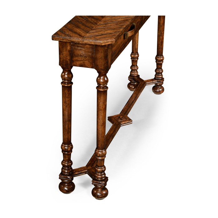 Heavily distressed parquet console with strap handles