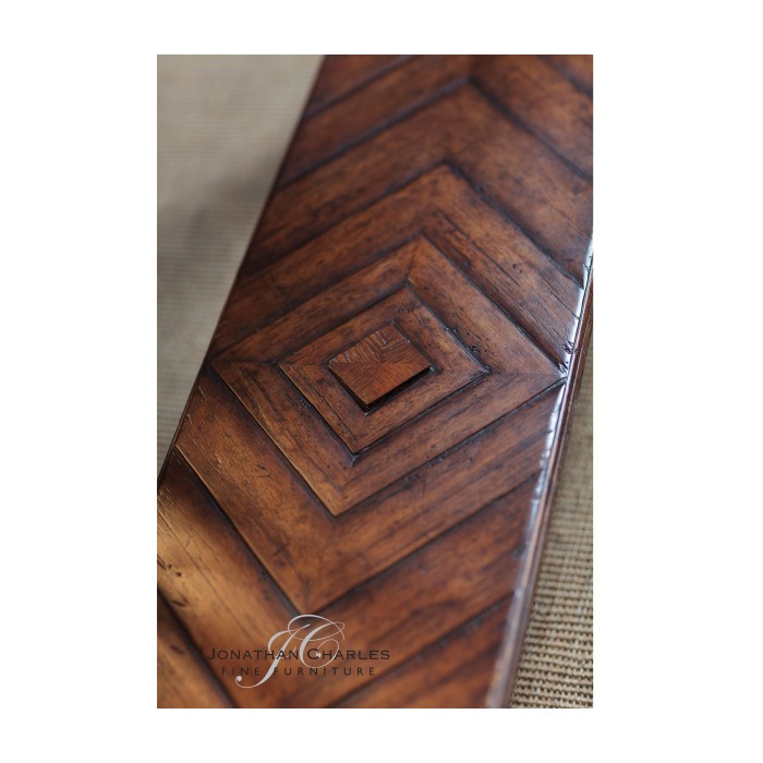 Heavily distressed parquet console with strap handles