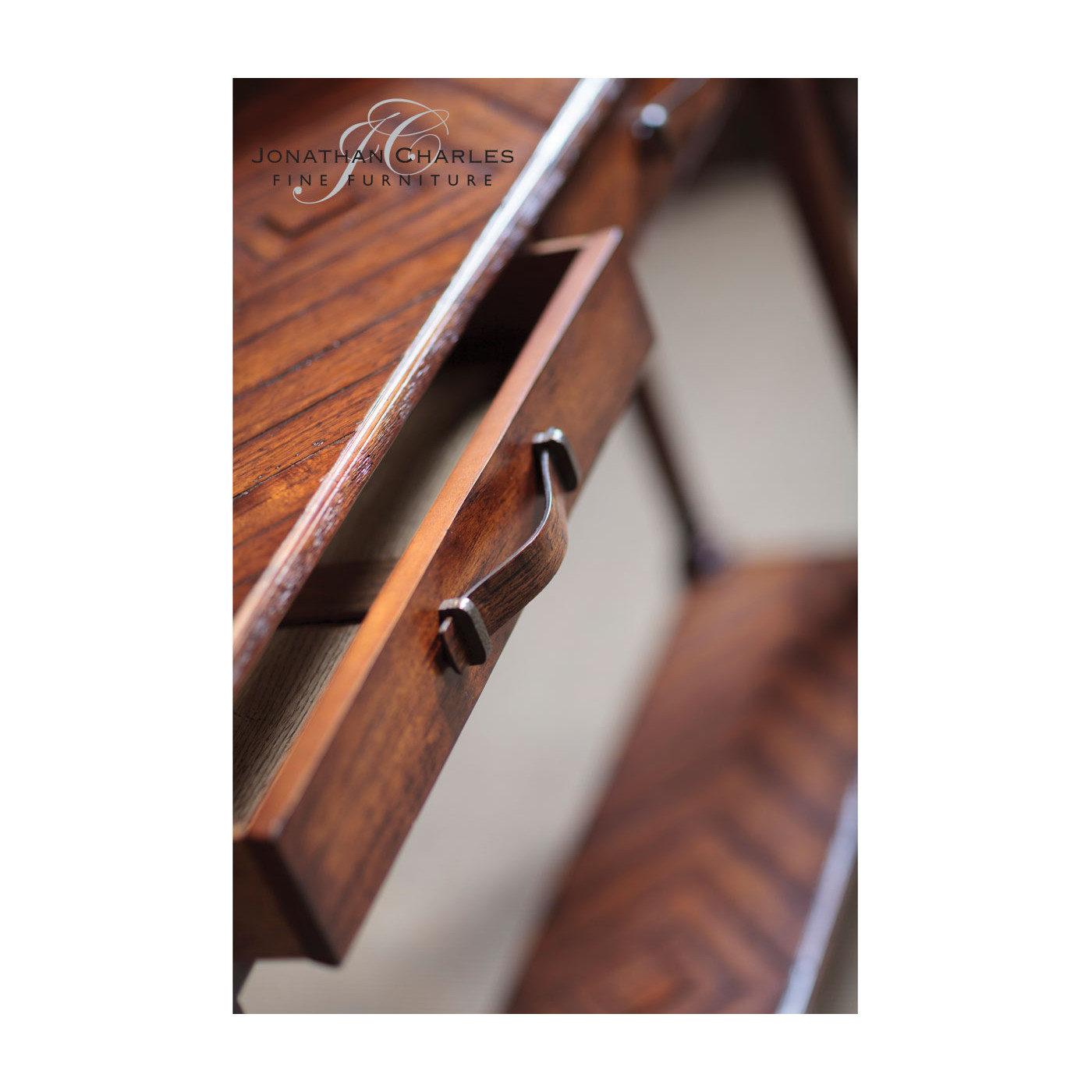 Heavily distressed parquet console with strap handles