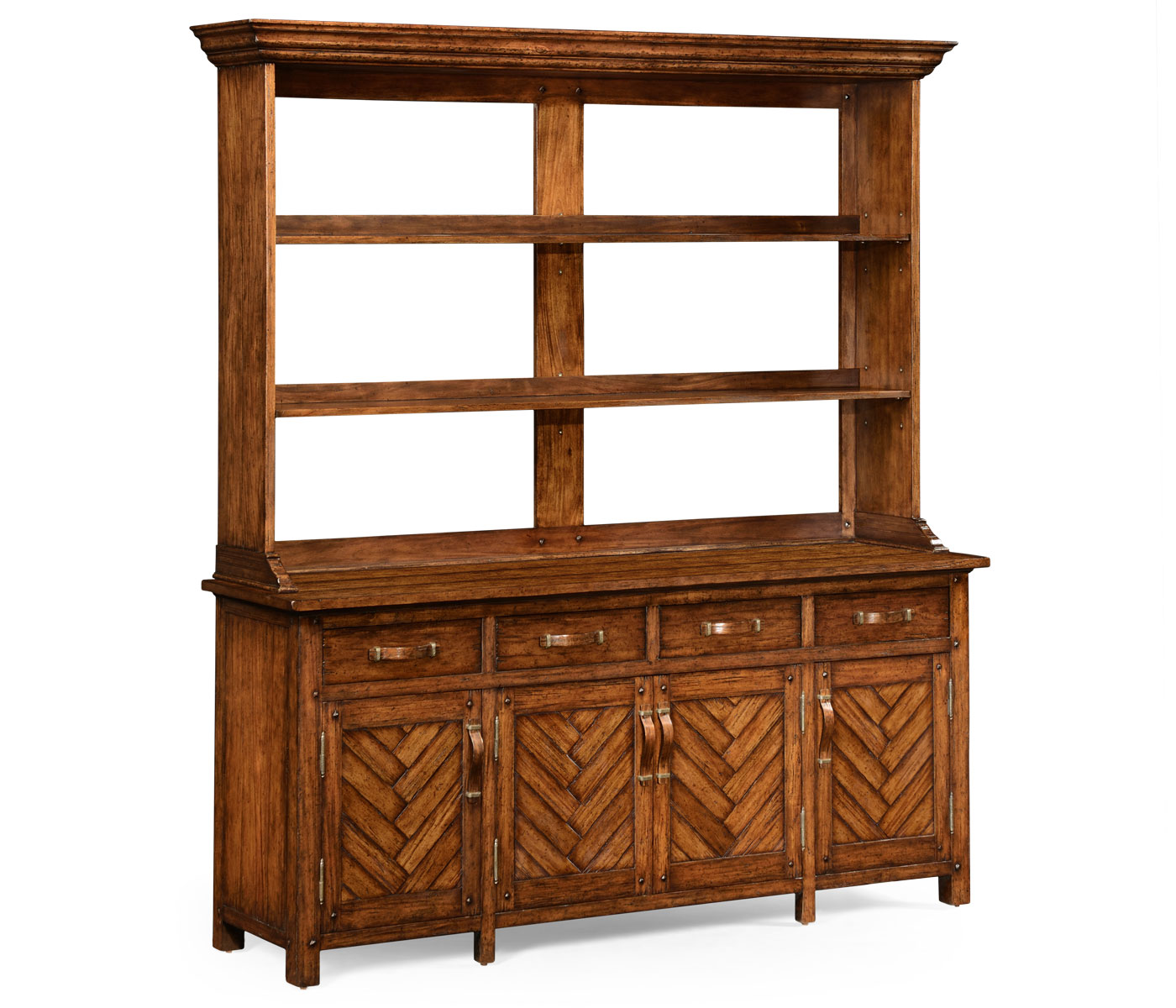 Heavily distressed parquet welsh dresser with strap handles