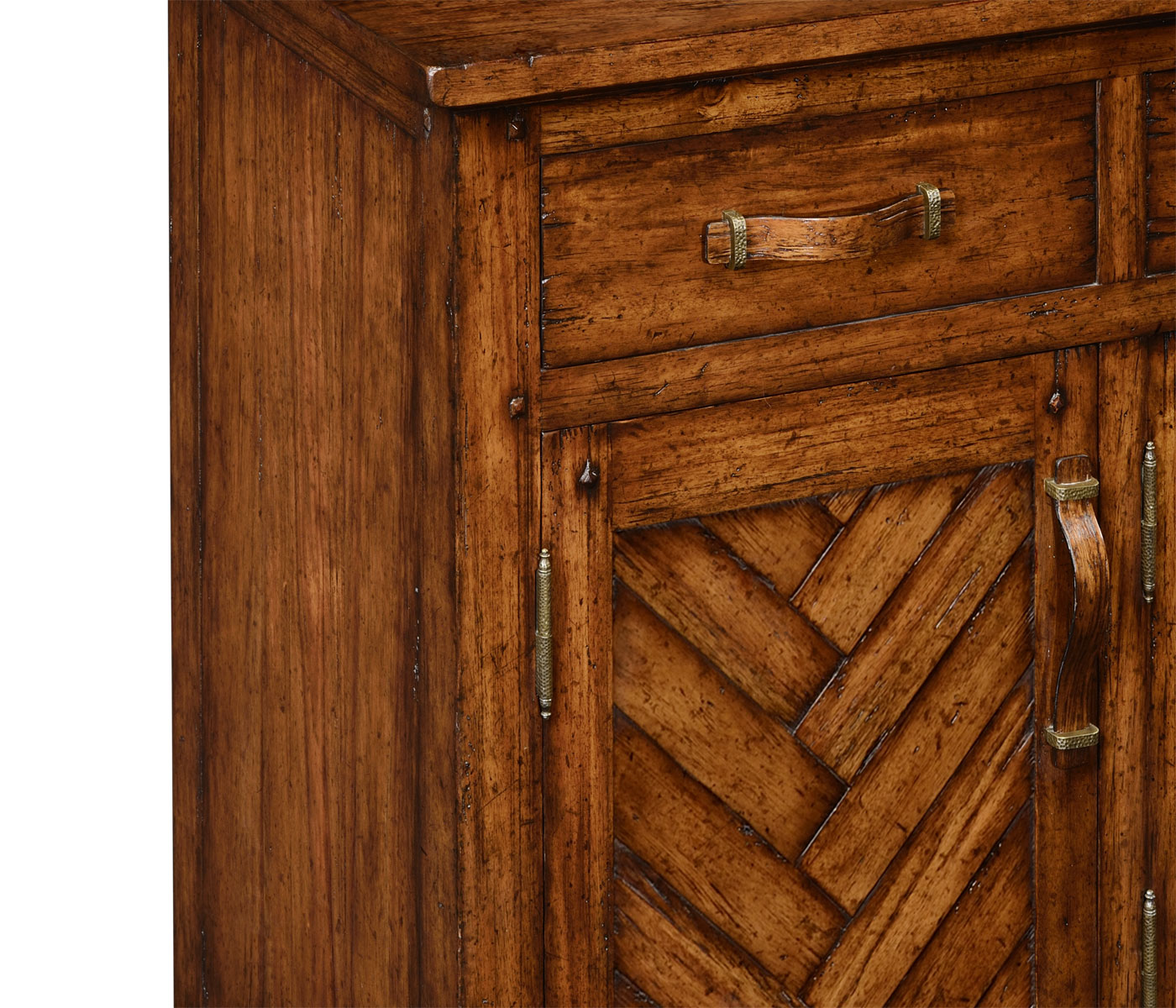 Heavily distressed parquet welsh dresser with strap handles