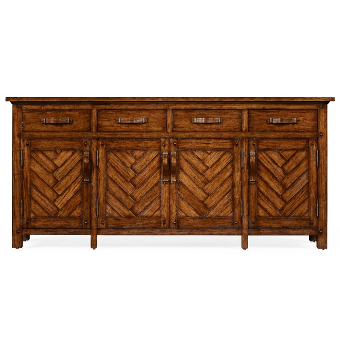 Heavily distressed parquet sideboard with strap handles
