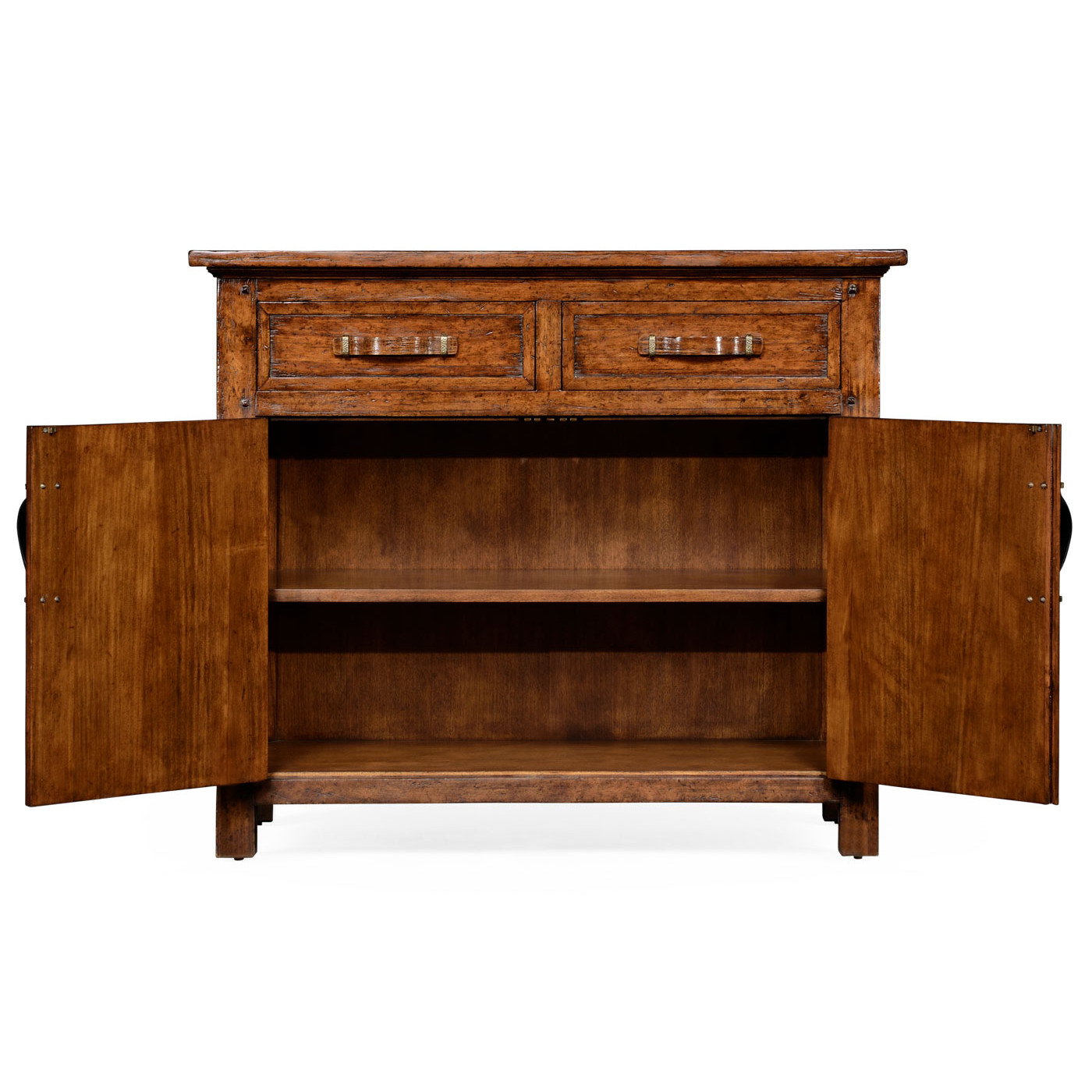 Plank walnut cabinet or dresser base with strap handles