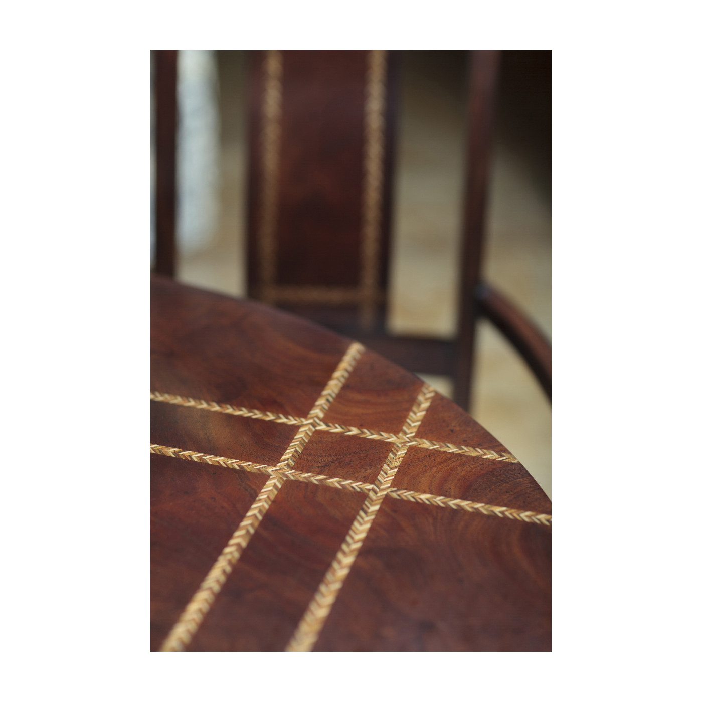 Craftsman's Mahogany Round Table with Herringbone Inlay Detail 48