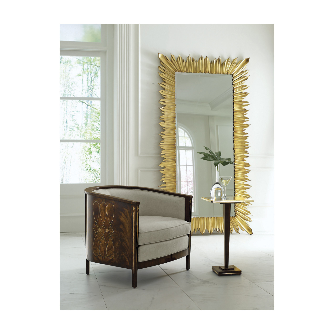 Gilded floor standing rectangular sunburst mirror