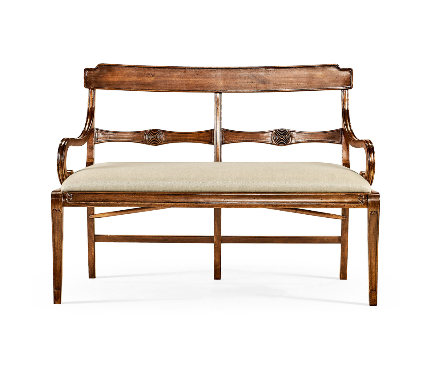 Regency Walnut Bench with Scrolling Arms