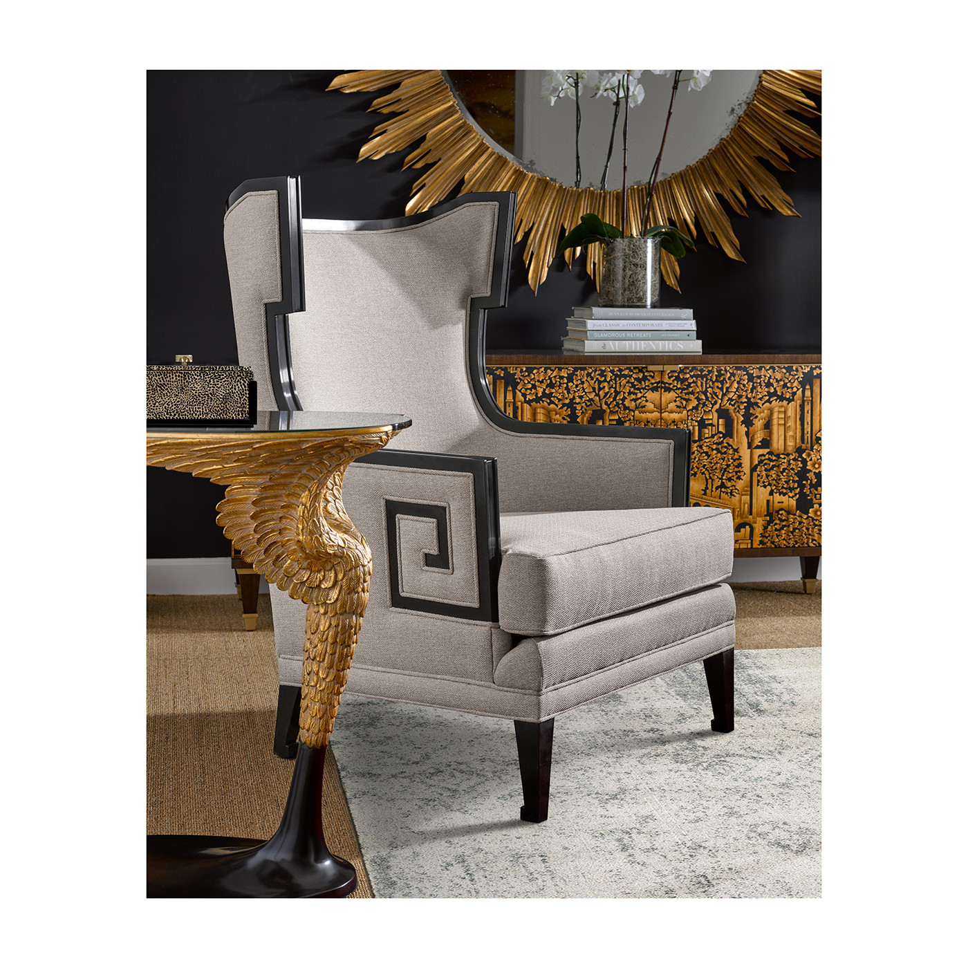 Greek Key Design Biedermeier Black Arm Chair