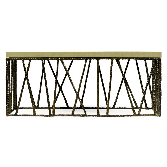 Hammered Antique Black Brass Coffee Table with Celadon Top