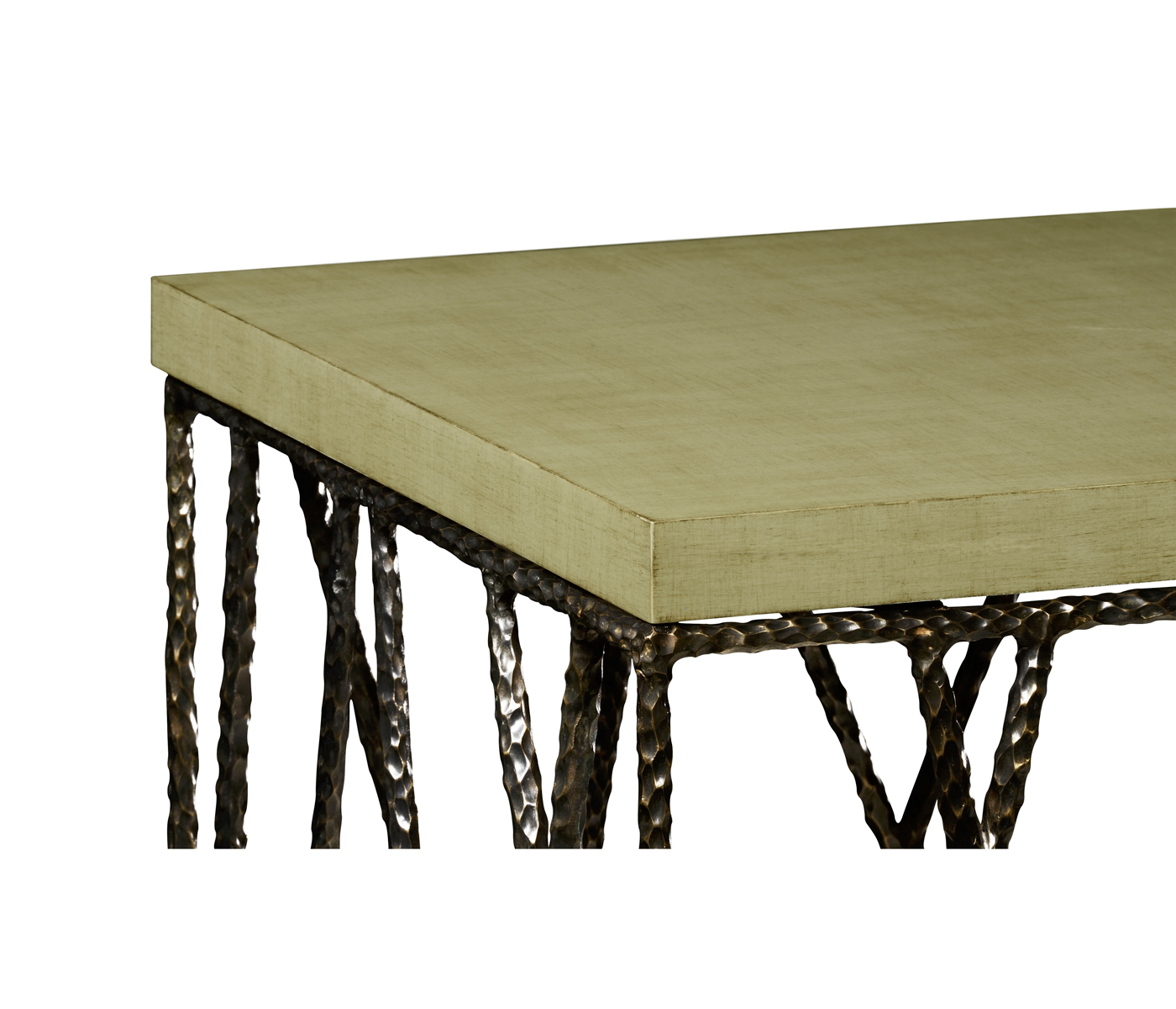 Hammered Antique Black Brass Coffee Table with Celadon Top