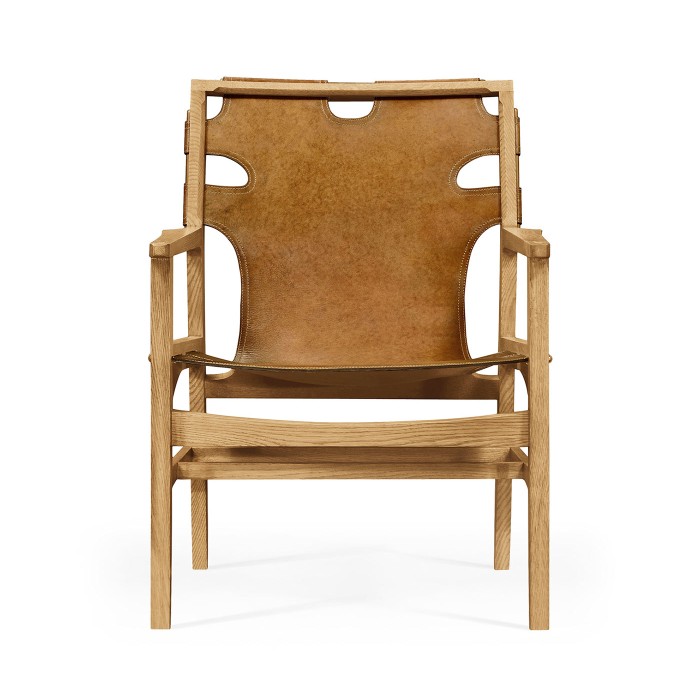 Midcentury Style Slung Medium Antique Chestnut Leather & Light Oak Easy Chair