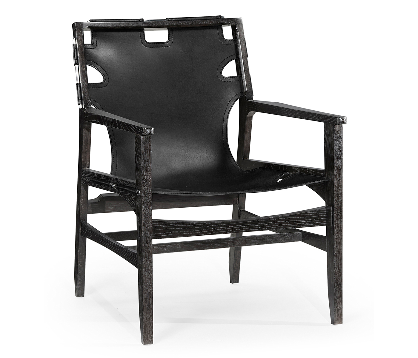 Midcentury Style Slung Black Leather & Black Mocha Oak Easy Chair