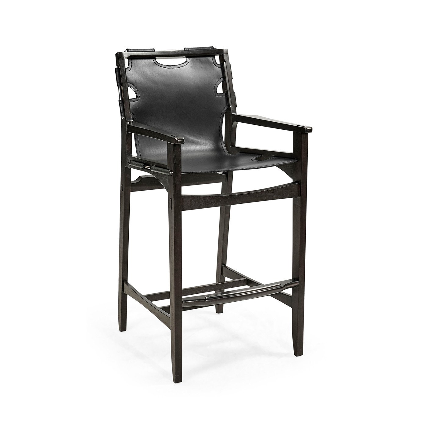 Midcentury Style Slung Black Leather & Black Mocha Oak Bar Stool