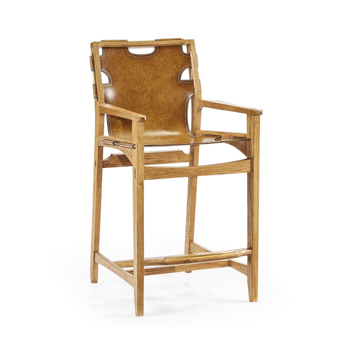 Midcentury Style Slung Medium Antique Chestnut Leather & Light Oak Counter Stool