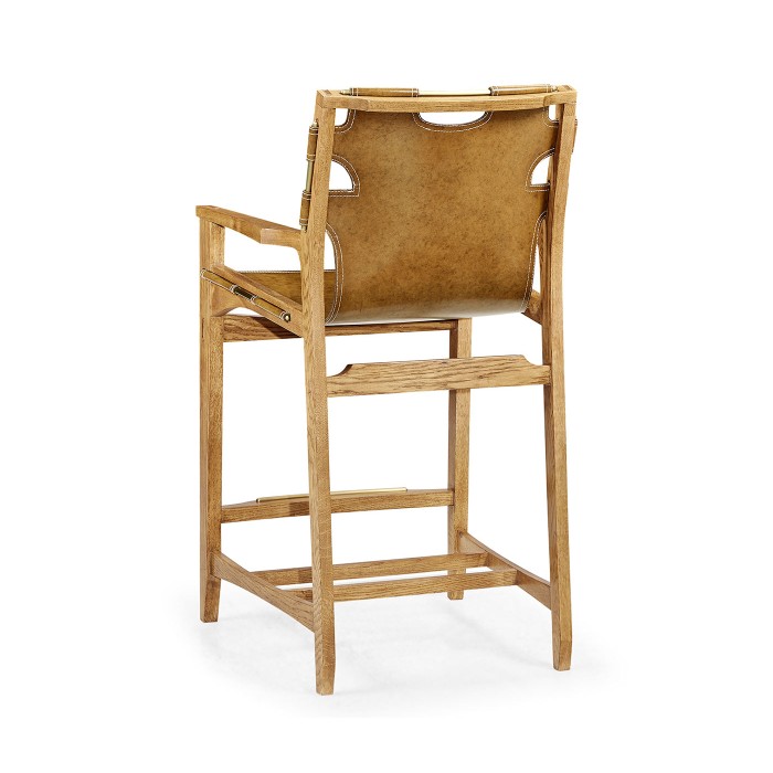 Midcentury Style Slung Medium Antique Chestnut Leather & Light Oak Counter Stool
