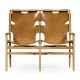 Midcentury Style Slung Leather & Light Oak Two Seat Bench