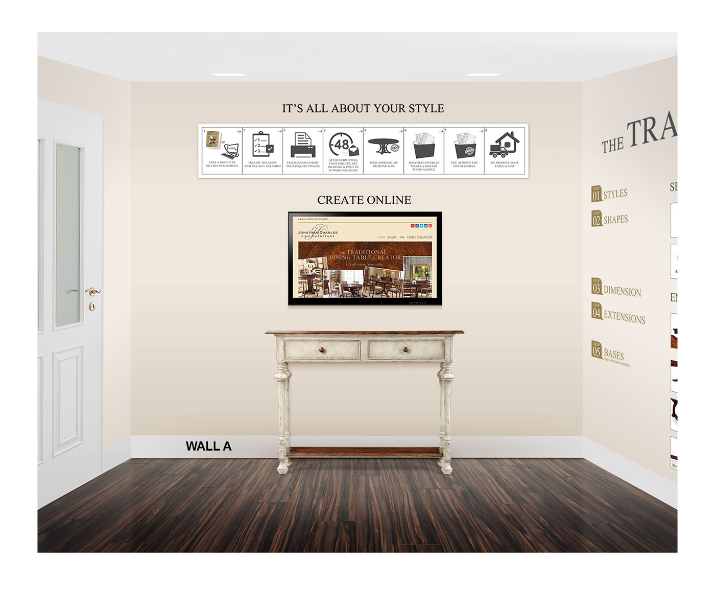 Full room including panels, graphics, wood sample, CD cabinet