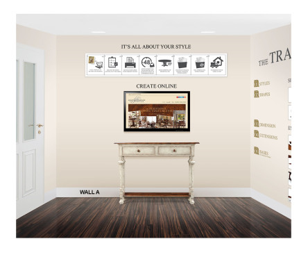Full room including panels, graphics, wood sample, CD cabinet