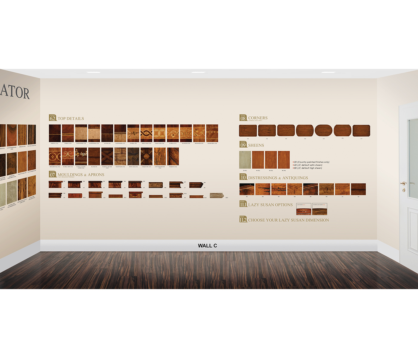 Full room including panels, graphics, wood sample, CD cabinet