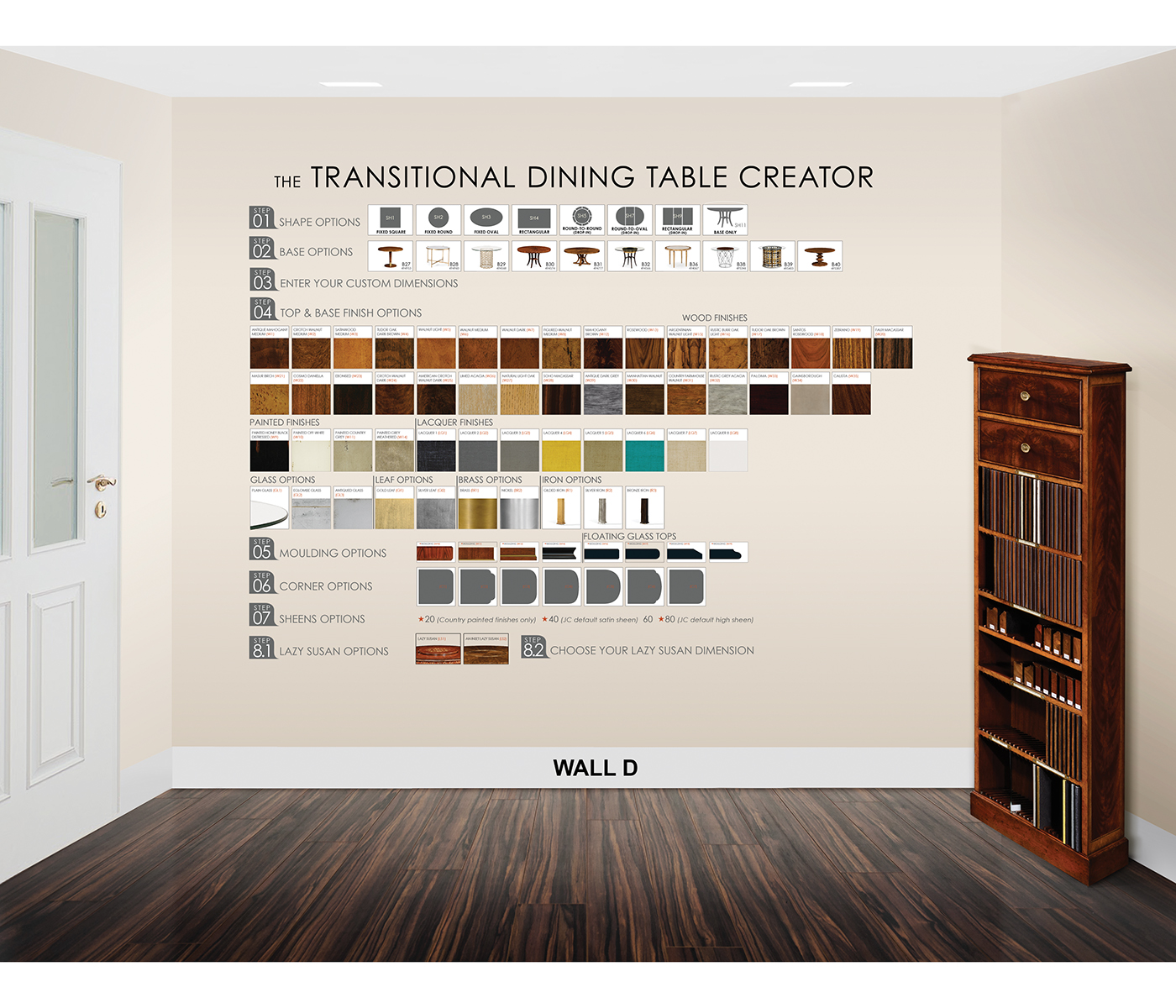 Full room including panels, graphics, wood sample, CD cabinet