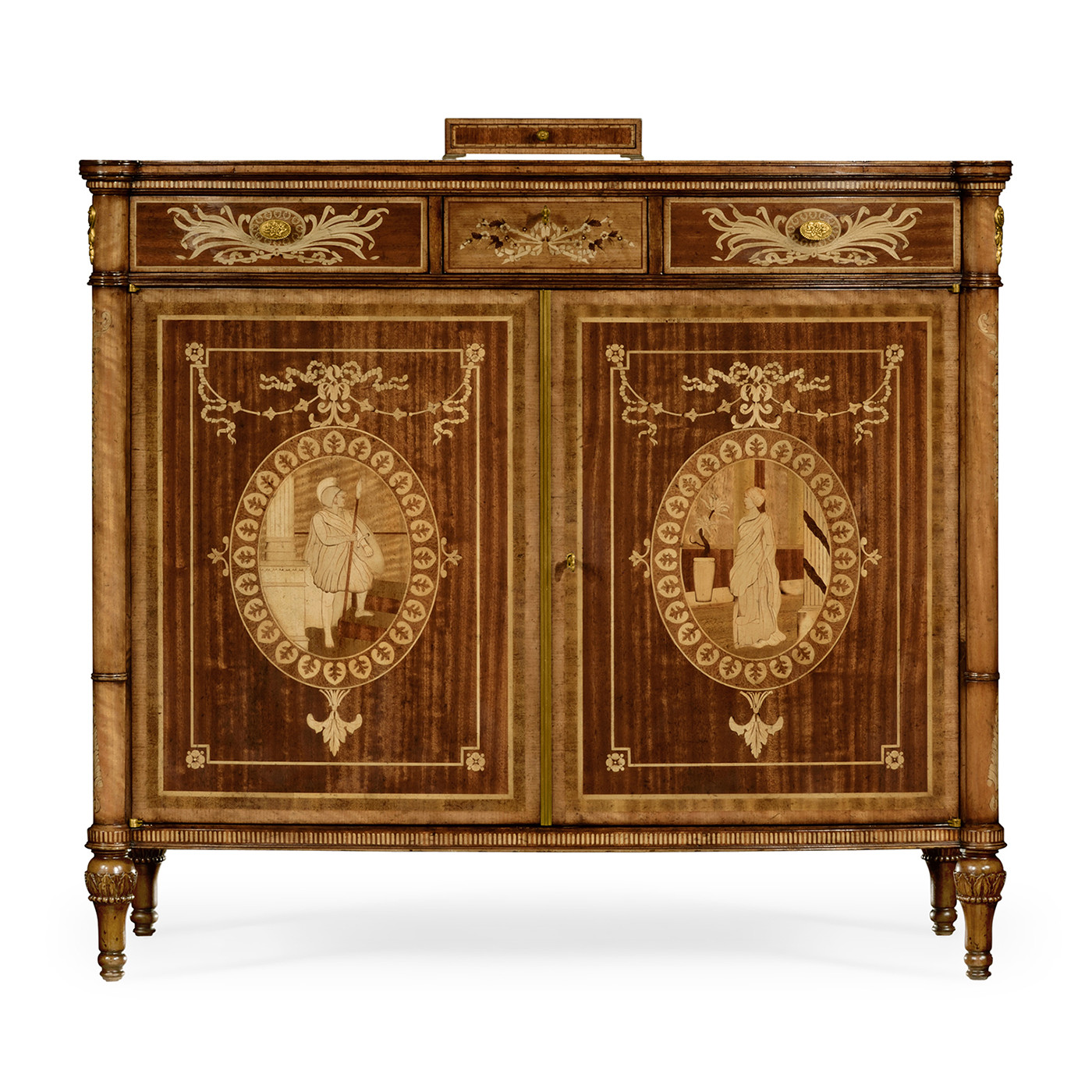 Fine mahogany side cabinet with pictorial marquetry of Paris and Helen