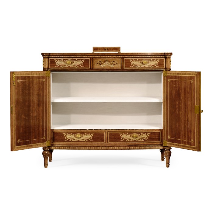 Fine mahogany side cabinet with pictorial marquetry of Paris and Helen