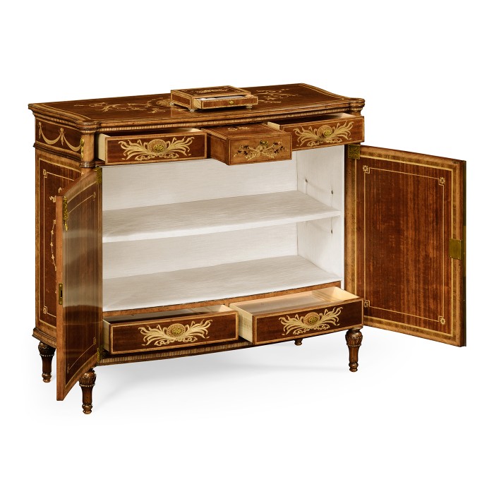 Fine mahogany side cabinet with pictorial marquetry of Paris and Helen