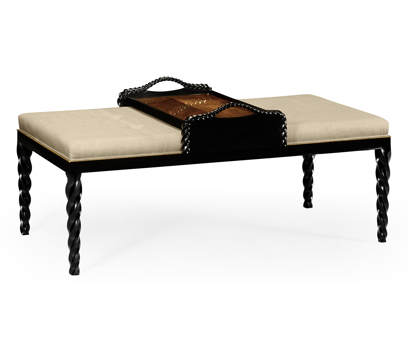 Cocktail Ottoman with Tray Table and Black Barleytwist Legs, Upholstered in MAZO