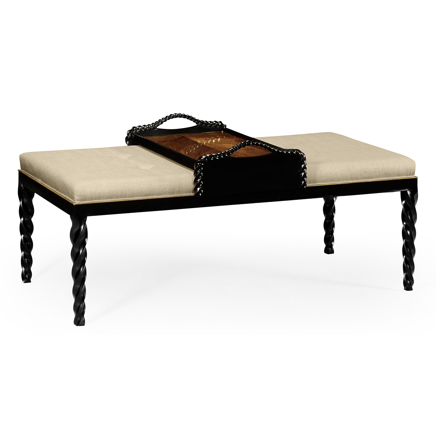Cocktail Ottoman with Tray Table and Black Barleytwist Legs, Upholstered in MAZO