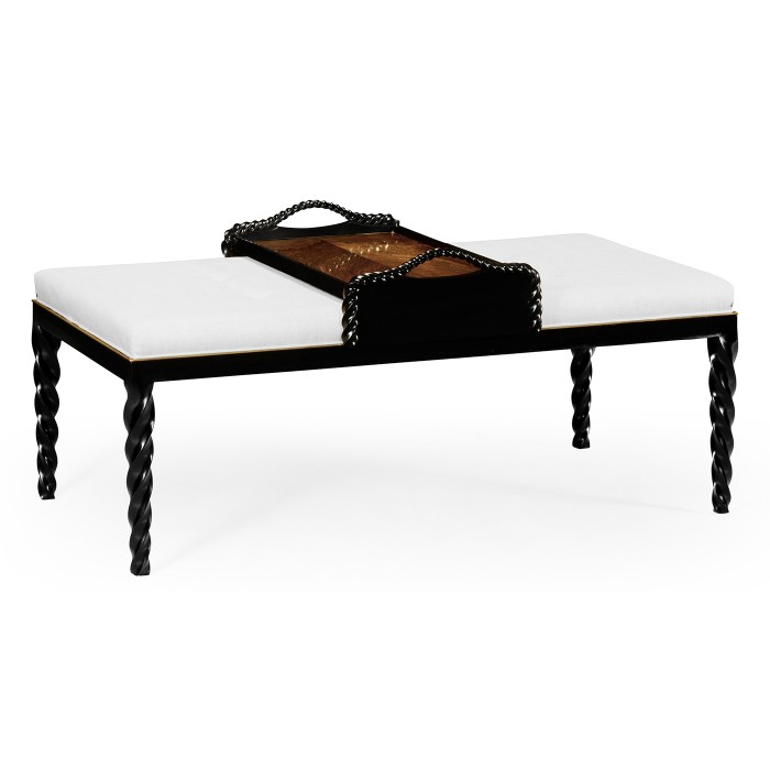 Cocktail Ottoman with Tray Table and Black Barleytwist Legs, Upholstered in COM