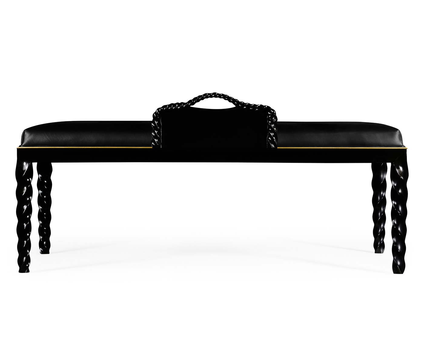 Cocktail Ottoman with Tray Table and Black Barleytwist Legs, Upholstered in Black Leather