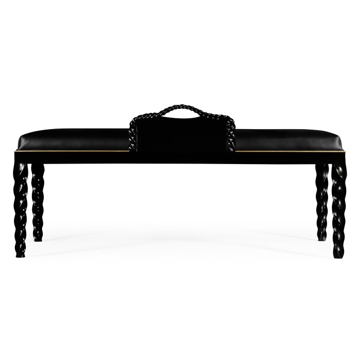 Cocktail Ottoman with Tray Table and Black Barleytwist Legs, Upholstered in Black Leather