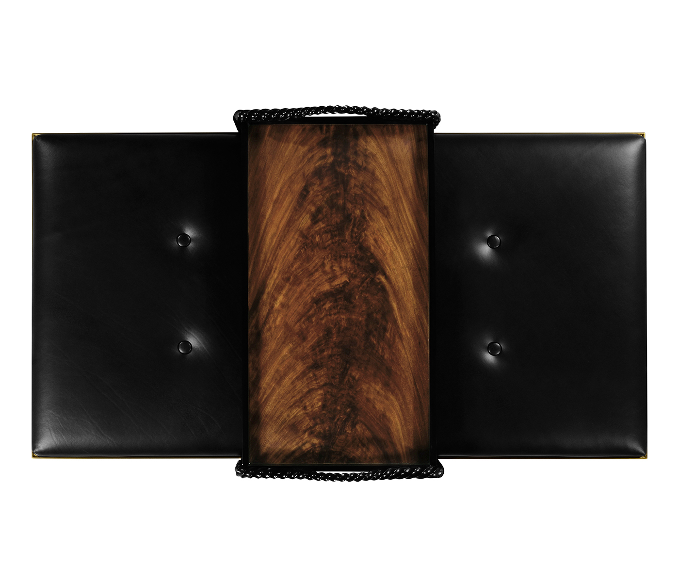 Cocktail Ottoman with Tray Table and Black Barleytwist Legs, Upholstered in Black Leather