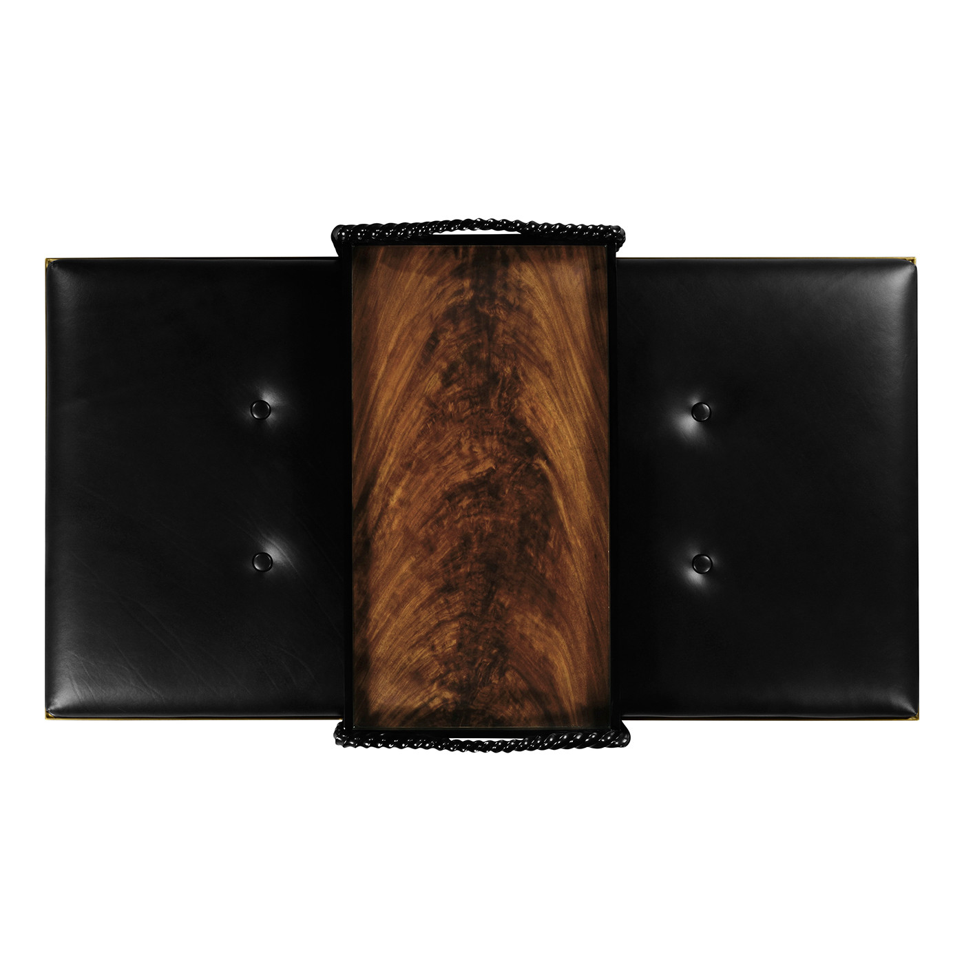 Cocktail Ottoman with Tray Table and Black Barleytwist Legs, Upholstered in Black Leather