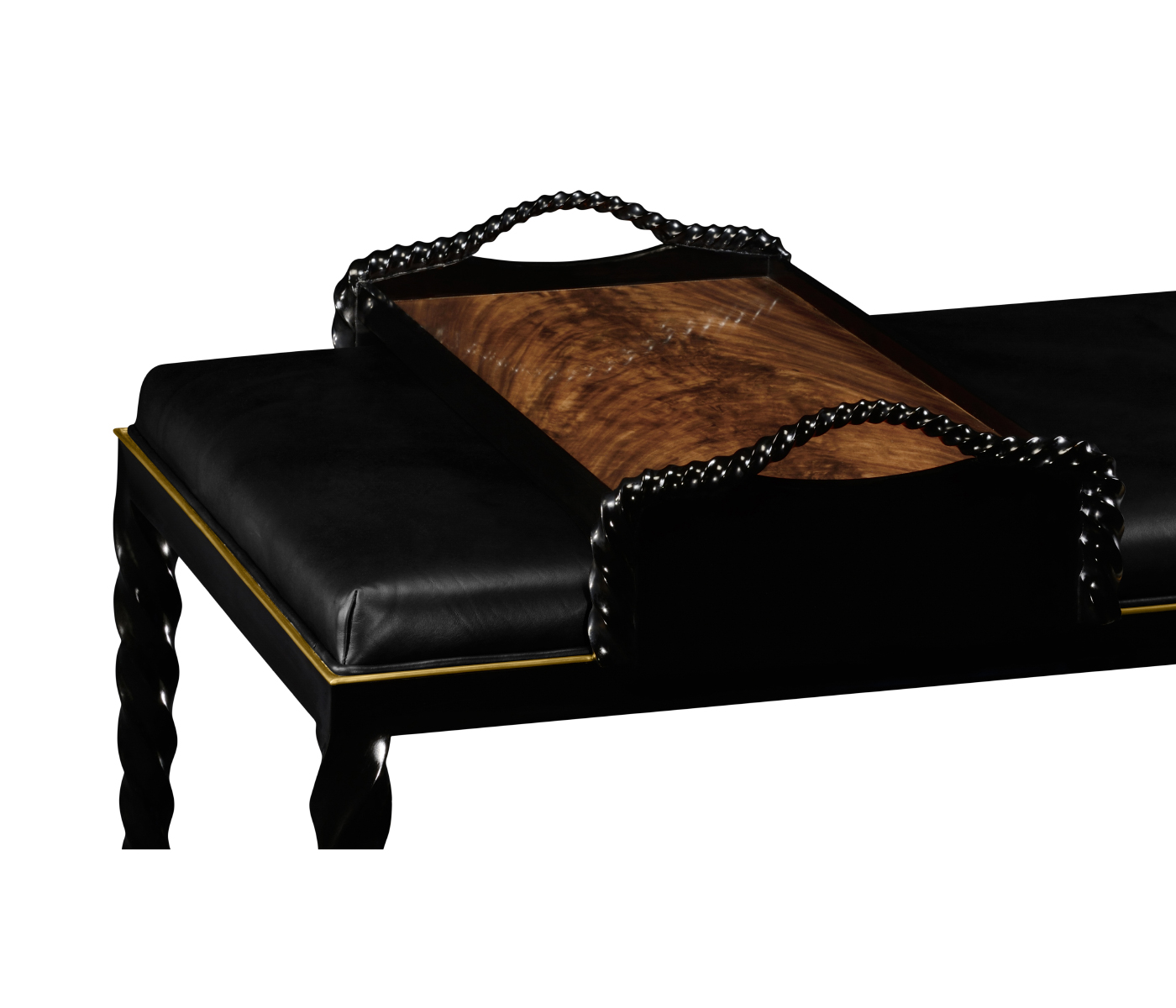 Cocktail Ottoman with Tray Table and Black Barleytwist Legs, Upholstered in Black Leather