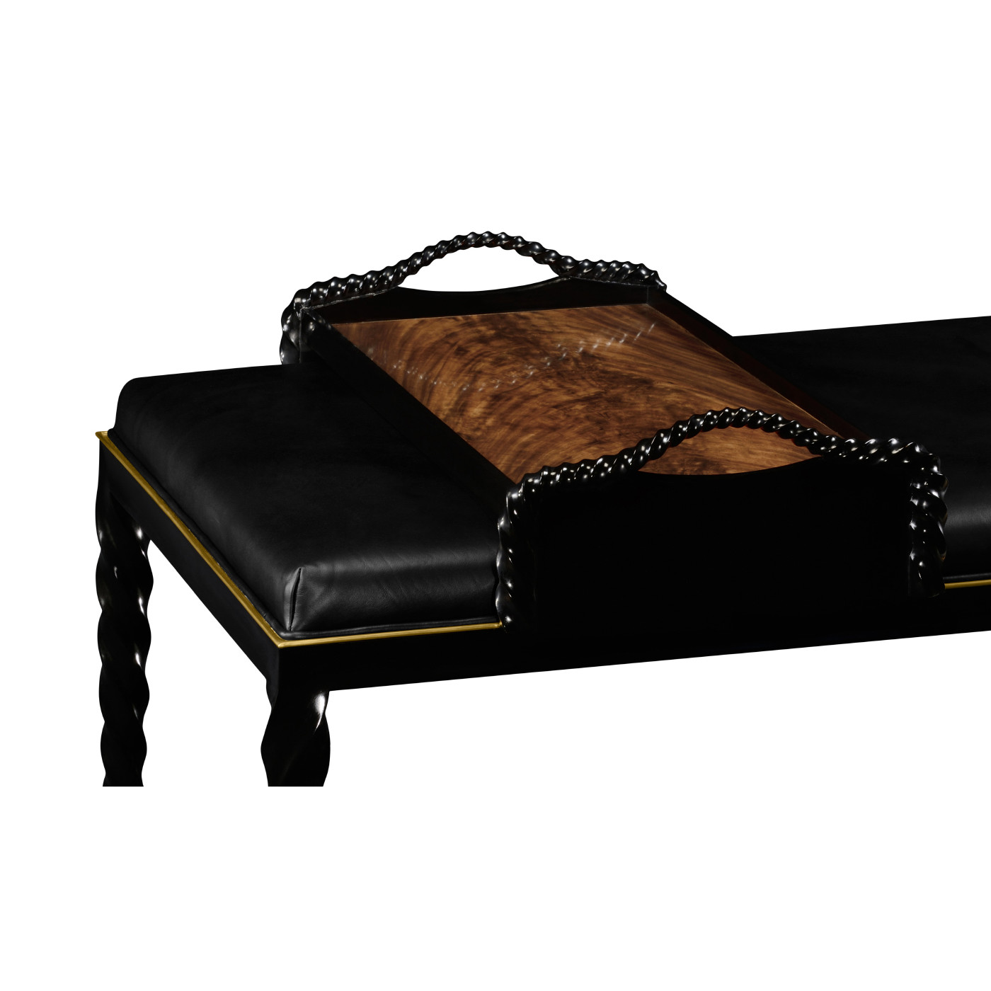 Cocktail Ottoman with Tray Table and Black Barleytwist Legs, Upholstered in Black Leather