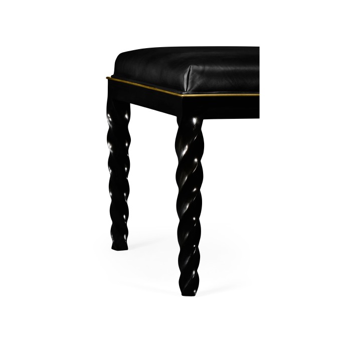 Cocktail Ottoman with Tray Table and Black Barleytwist Legs, Upholstered in Black Leather