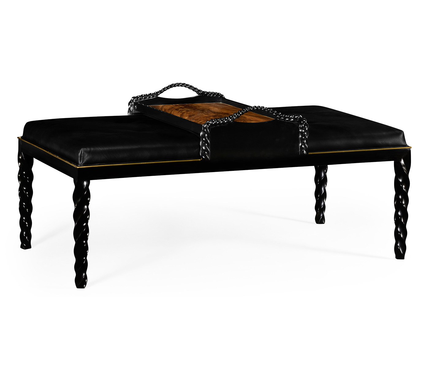 Cocktail Ottoman with Tray Table and Black Barleytwist Legs, Upholstered in Black Leather