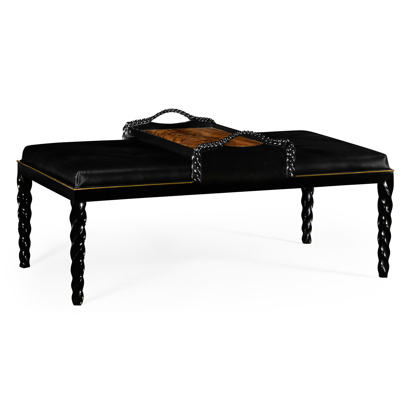 Cocktail Ottoman with Tray Table and Black Barleytwist Legs, Upholstered in Black Leather