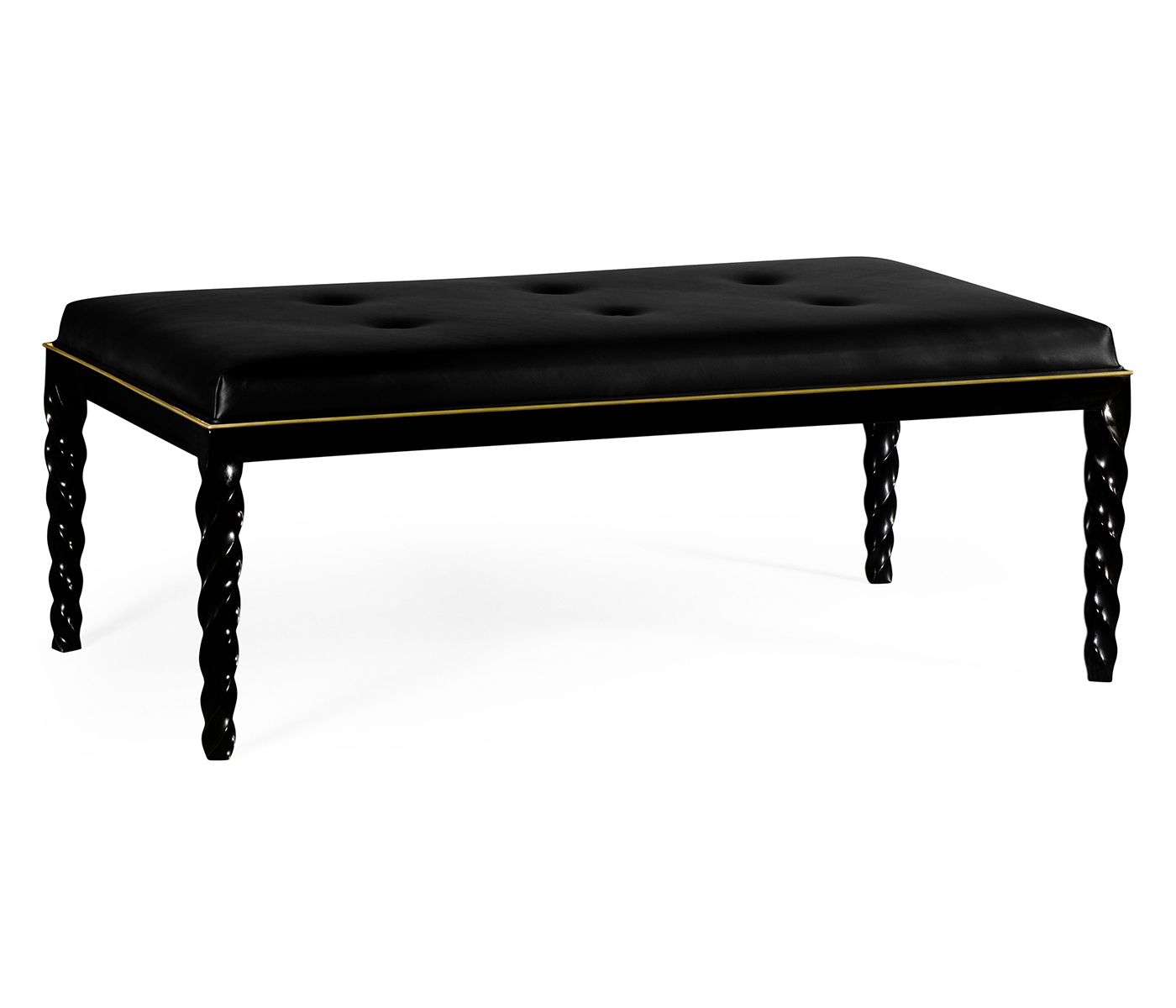 Cocktail Ottoman with Tray Table and Black Barleytwist Legs, Upholstered in Black Leather