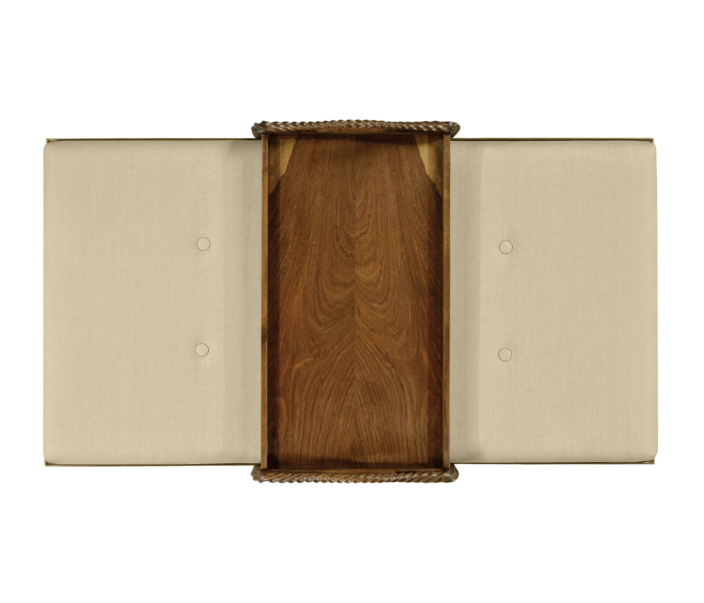 Cocktail Ottoman with Tray Table and Walnut Barleytwist Legs, Upholstered in MAZO