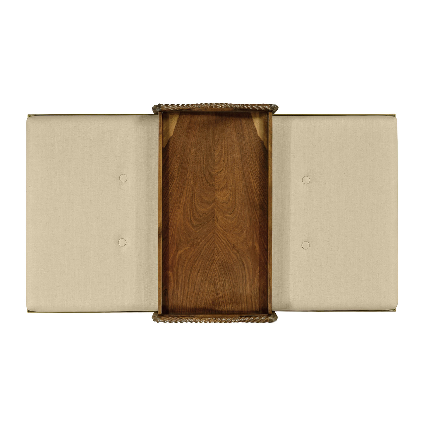 Cocktail Ottoman with Tray Table and Walnut Barleytwist Legs, Upholstered in MAZO