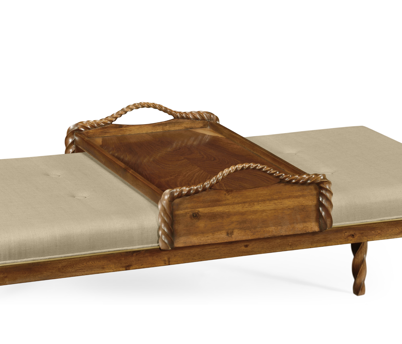 Cocktail Ottoman with Tray Table and Walnut Barleytwist Legs, Upholstered in MAZO