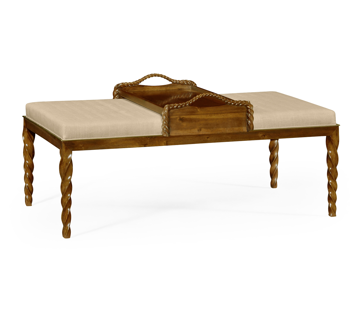 Cocktail Ottoman with Tray Table and Walnut Barleytwist Legs, Upholstered in MAZO